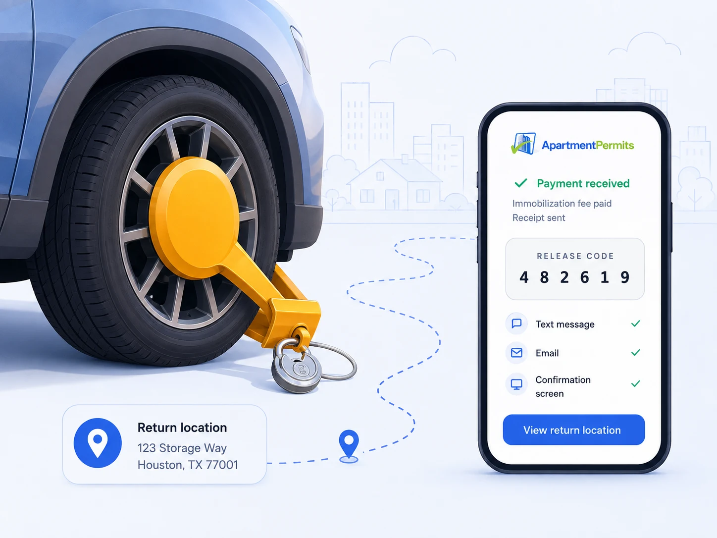 A self-release boot on a car wheel beside the payment confirmation screen showing the release code and return location